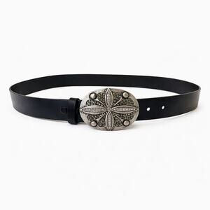 Black Genuine Leather Belt Silver Ornate Rhinestone Buckle Size 1X